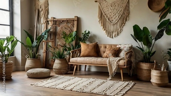 Fototapeta Vintage-inspired boho room adorned with macrame, lush plants, and earthy tones, creating a warm, tranquil space that radiates natural charm and cozy style