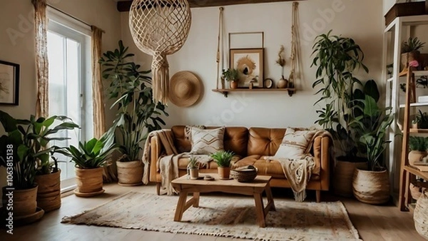 Obraz Vintage-inspired boho room adorned with macrame, lush plants, and earthy tones, creating a warm, tranquil space that radiates natural charm and cozy style