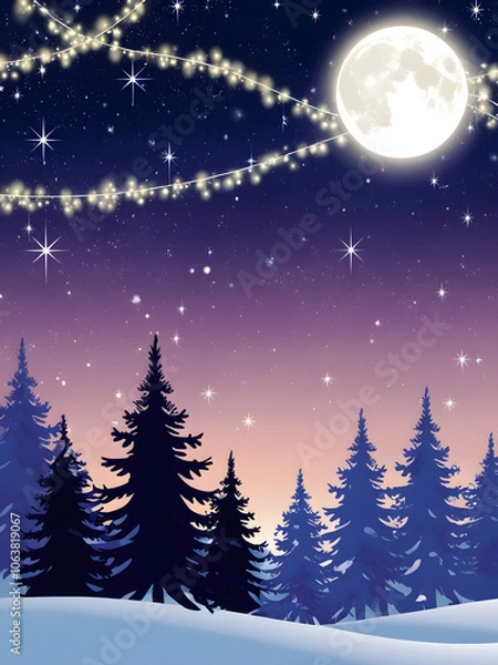 Fototapeta A serene winter night under a glowing moon surrounded by snow-covered pine trees and twinkling lights in the peaceful woods