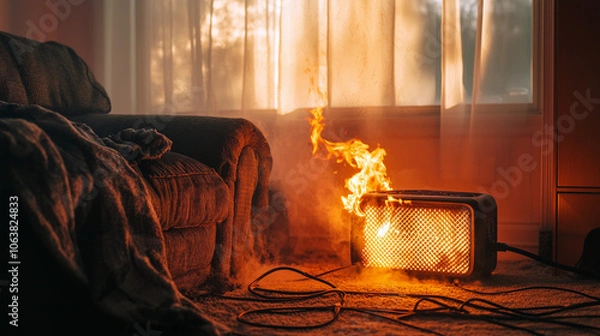 Fototapeta A space heater igniting flames near a couch in a cozy living room during evening hours