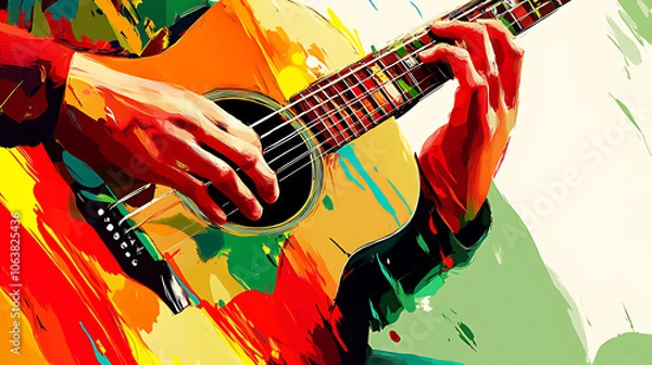 Obraz Closeup of a hand playing an acoustic guitar with vibrant colorful brushstrokes in the background.