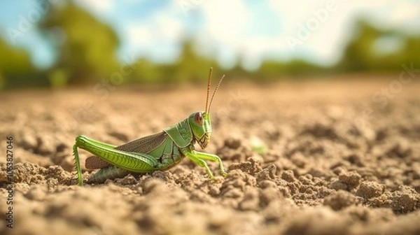 Fototapeta Grasshopper resting on dry soil, minimal tree line background 