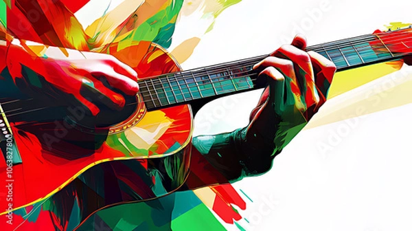 Obraz Close-up of a hand playing an acoustic guitar with colorful abstract background.