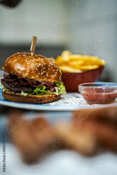 Fototapeta A delicious burger served with a side of fries and ketchup. Perfect for burger joints and promotional materials, appealing to fans of classic American fast food.