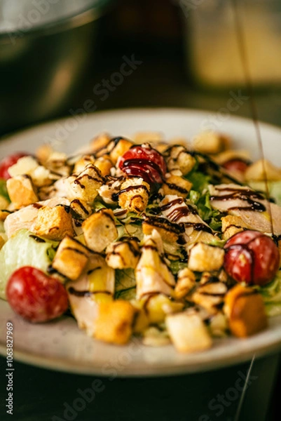 Fototapeta Colorful salad with mixed greens, cherry tomatoes, and balsamic drizzle. Perfect for healthy lifestyle campaigns or menus, showcasing fresh ingredients and vibrant colors.
