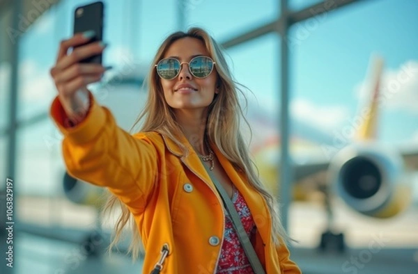 Fototapeta A young woman takes a selfie at the airport while wearing stylish sunglasses and a vibrant yellow coat during a sunny day