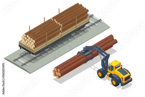 Fototapeta Isometric freight train loaded with pine trunks showcases a powerful locomotive hauling timber along the railway platform. Railway freight wagons, railway platform for timber transportation.