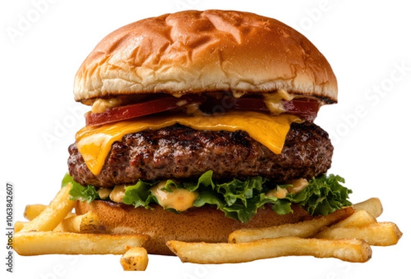 Fototapeta Indulge in a juicy cheeseburger served with crispy french fries for the ultimate fast food experience transparent background