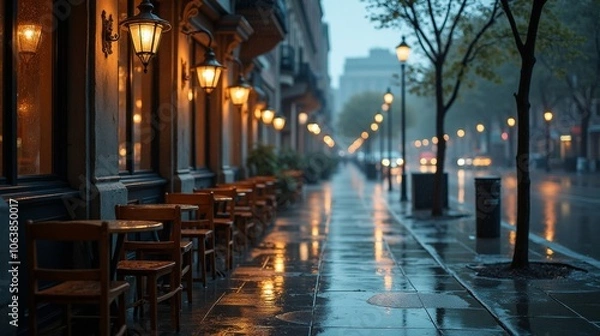 Fototapeta A dimly lit street lined with café tables and glowing lampposts, reflecting softly on the wet pavement under a dusky evening sky.