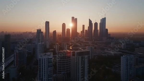 Fototapeta Skyscrapers silhouetted against the setting sun create a dramatic cityscape, exuding warmth and vibrancy.