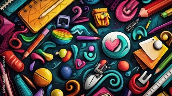 Fototapeta A colorful pattern of school supplies and objects like pencils, paintbrushes, hearts, and paper clips on a dark background.