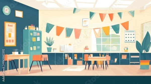 Fototapeta Decorated classroom interior with two tables, chairs, plants, bookshelves, a chalkboard and a window.