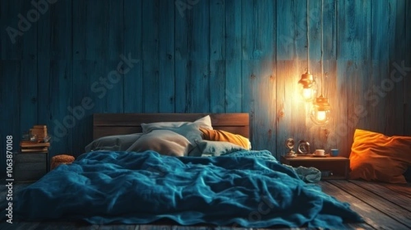 Fototapeta Cozy bedroom with blue walls, a bed, and warm lighting, creating a relaxing atmosphere.