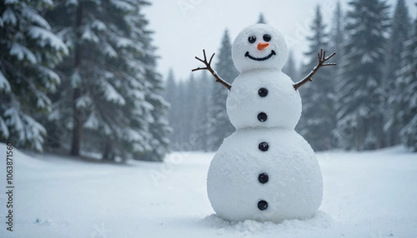 Fototapeta Snowman making snowman in the forest from the first snow snowy winter coniferous trees covered with snow