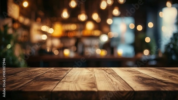 Fototapeta Empty wooden table surface in a lively bar environment, perfect for showcasing drinks or bar products with warm lighting and blurred bottles behind