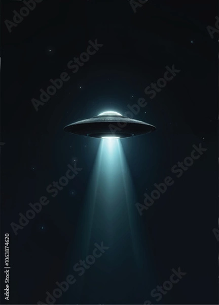 Fototapeta vector of an ufo flying in the dark sky with stars and glowing beams to the bottom side