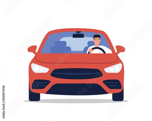 Fototapeta Vector illustration of a front view of a car with a handsome guy. Cartoon scene of a guy sitting behind the wheel of a red car isolated on a white background. The car is driving on the road. Vehicle.