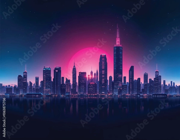 Fototapeta vector of a futuristic city skyline with tall buildings and a full moon in the background