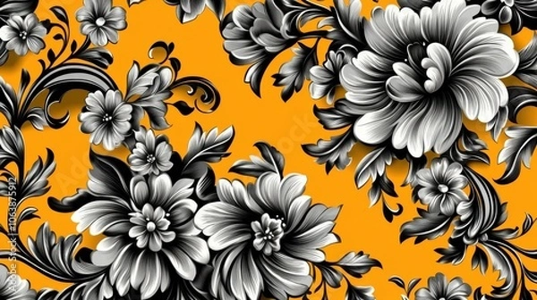 Fototapeta A vibrant floral pattern featuring navy blue blooms and leaves against a bright yellow background, creating a lively contrast.