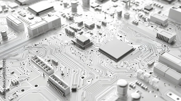 Fototapeta Close-up view of a detailed, white circuit board showcasing various components and pathways for electronic connections.