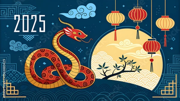 Fototapeta Chinese new year 2025 year of the Snake. Red Snake illustration and design. Red traditional Chinese vector designs with snakes. Lunar new year concept, geometric modern vector design.