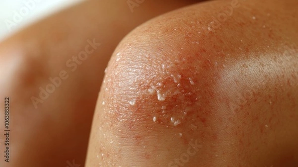 Fototapeta The knee shows dry skin with visible flakes and patches, highlighting the texture and issues often encountered in warm weather. A reminder of the importance of skincare.