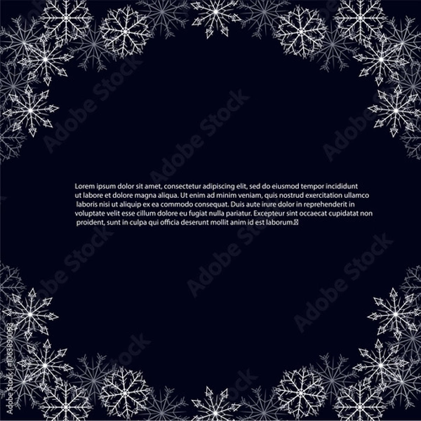 Obraz White snowflakes frame on black, Lorem Ipsum stock vector illustration for web, for print