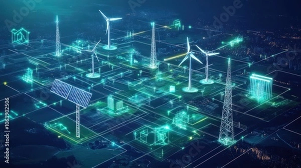 Fototapeta Futuristic energy grid with renewable sources, AI management, and smart infrastructure