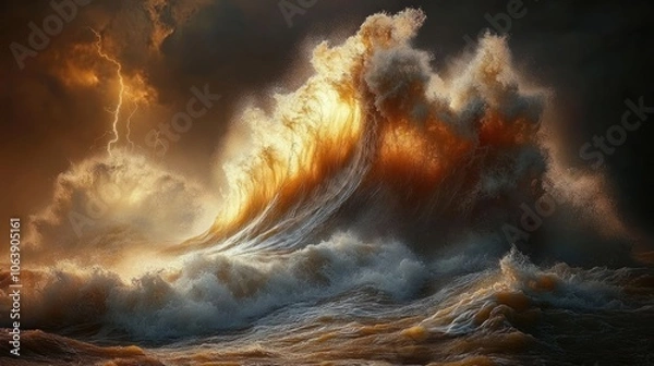 Fototapeta A large wave crashes against a stormy sky with lightning striking in the distance.