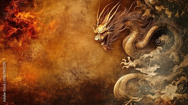 Fototapeta Mythical dragon artwork showcasing intricate details against a fiery background
