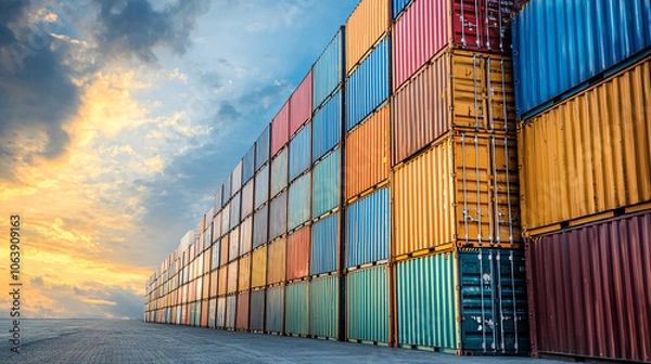 Fototapeta colorful shipping containers at sunset on a dock