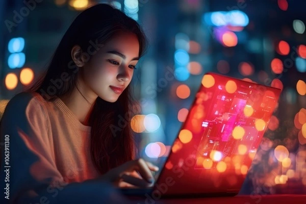 Fototapeta Tech-savvy Gen Z woman using AI to manage career growth and digital transformation. Working remotely on advanced tech projects.