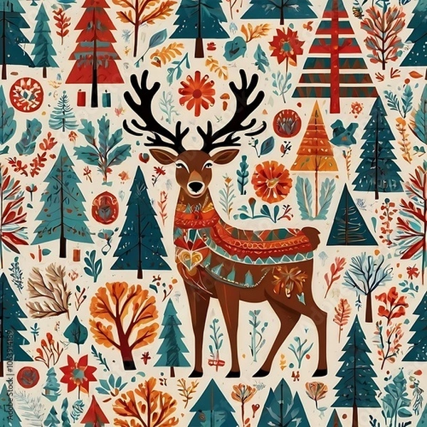 Fototapeta Folk art-inspired Christmas illustrations with unique, vibrant patterns