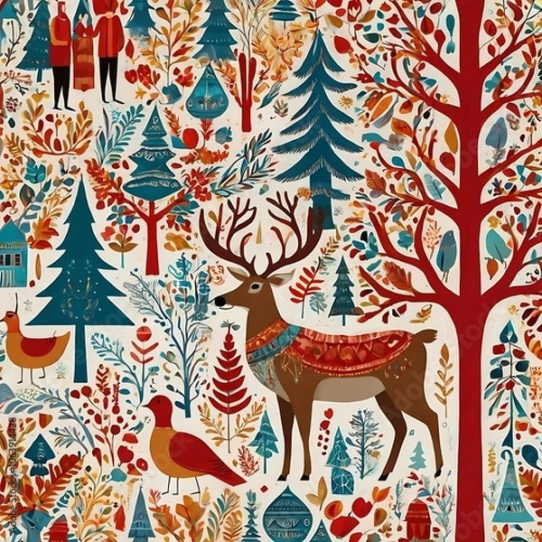 Fototapeta Folk art-inspired Christmas illustrations with unique, vibrant patterns  ( 300 DPİ)