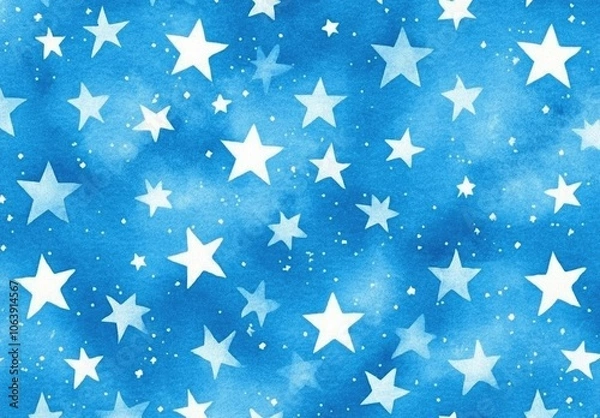 Fototapeta Blue sky background with stars, watercolor hand-drawn illustration, pastel color palette, seamless pattern
