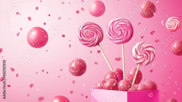 Fototapeta Pink Lollipops and Candy Balls in a Box