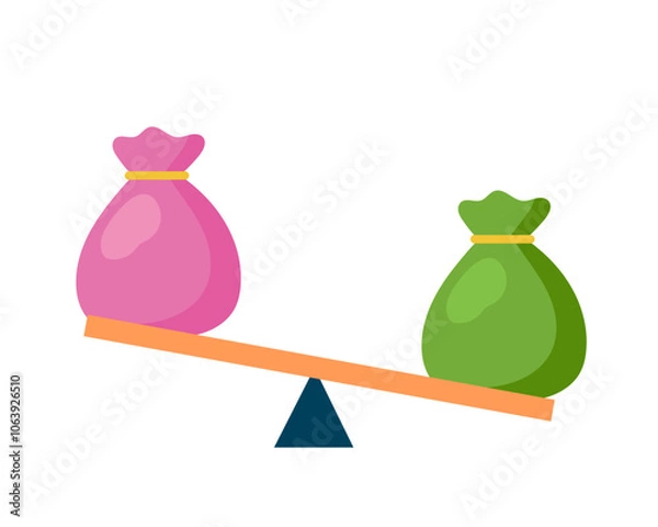 Obraz Money bags on the scales. Budget deficit. Vector simple color flat illustration.