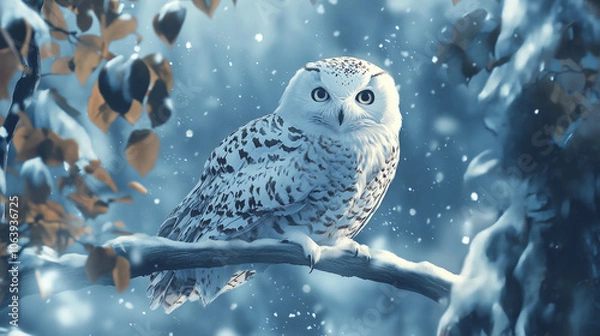 Fototapeta A snowy owl perched gracefully in a winter landscape, its white feathers blending seamlessly with the snow-covered surroundings.