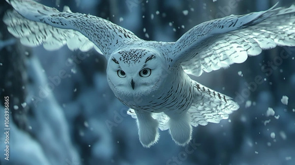Fototapeta A snowy owl perched gracefully in a winter landscape, its white feathers blending seamlessly with the snow-covered surroundings.