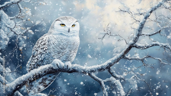 Fototapeta A snowy owl perched gracefully in a winter landscape, its white feathers blending seamlessly with the snow-covered surroundings.