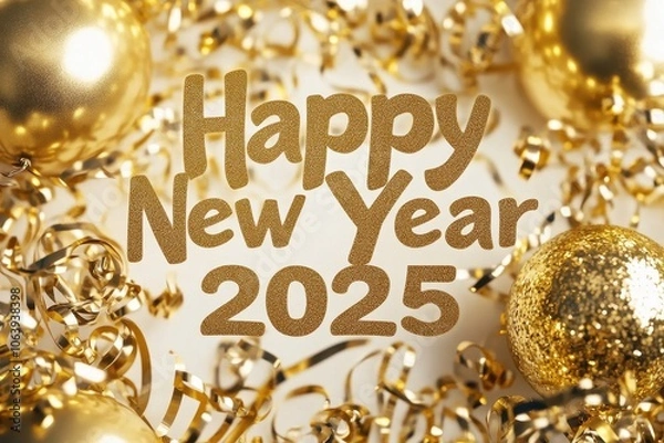 Fototapeta Golden Decorations Collage: Images of golden streamers and balloons. The text "Happy New Year 2025" in a shimmering, gold font.