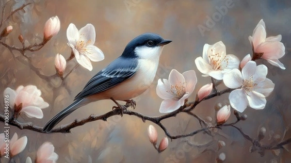 Fototapeta A small bird perched on a branch adorned with blooming flowers during springtime in nature’s serene environment
