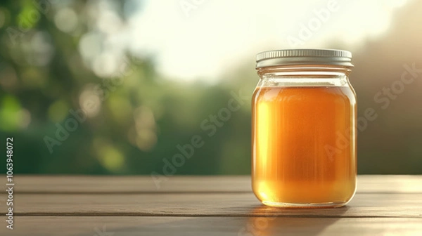 Fototapeta Artisan honey jar, transparent, filled with golden honey, placed on wooden table, illuminated by soft sunlight, creating warm and inviting atmosphere