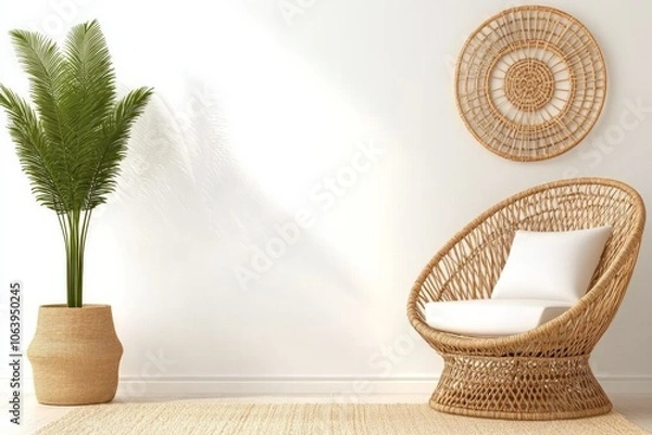 Fototapeta Cozy boho corner with natural fiber furniture and indoor plants in a bright, inviting setting