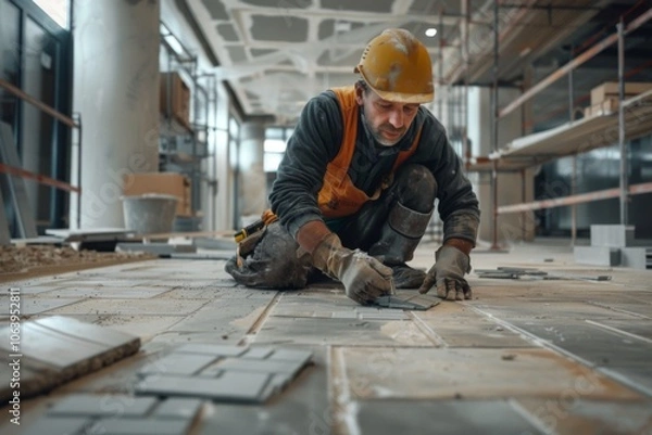 Obraz Craftsman precisely installing floor tiles at a construction site