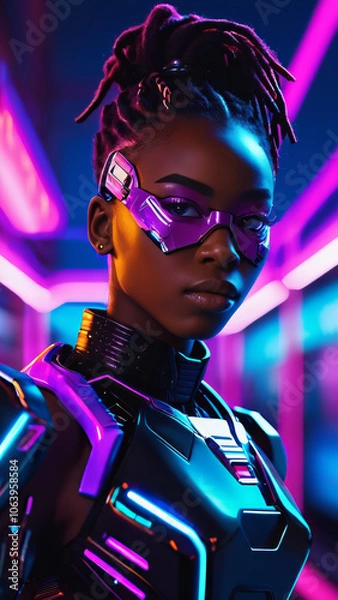 Obraz Black Beauty, Neonpunk style, Cinematic Photo of a beautiful black African woman cyborg, cyberpunk, cyberware, cyber implants, vaporwave, afro futuristic beauty, Afrocentric, science fiction