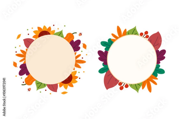 Obraz Set of round frames with leaves and autumn elements. Isolated on transparent background.