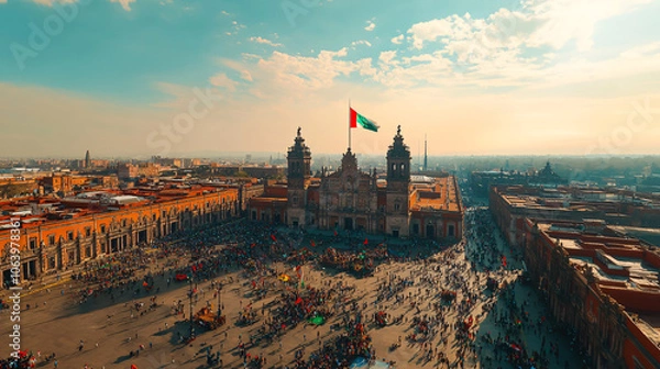 Obraz aerial view of mexico city cathedral and zocalo square with crowd