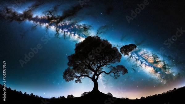 Fototapeta negative photograph of the shadows of a colossal tree silhouette, swirling nebula leaves, negative space, photorealistic Milky Way, stars,  natures beauty, celestial wallpaper, universe background