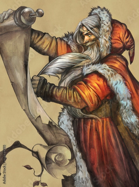Fototapeta Portrait of a fantasy Santa Claus checking a long wish list